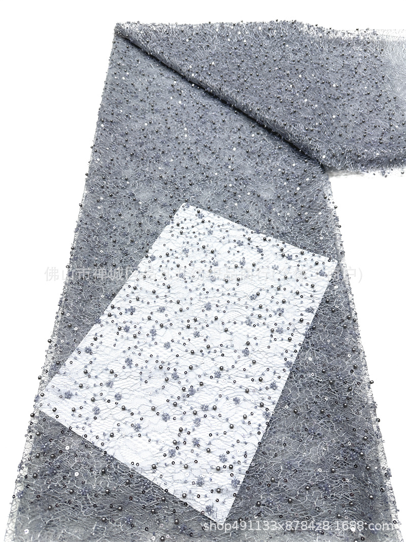 Tejido de encaje de perlas de oro ligero tamaño de perlas sequinado alto vestido de hombro inclinado tejido bordado a mano
