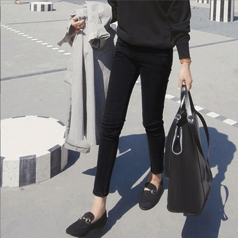 加绒加厚黑色小脚牛仔裤女秋冬高腰弹力紧身显瘦小个子八分铅笔裤