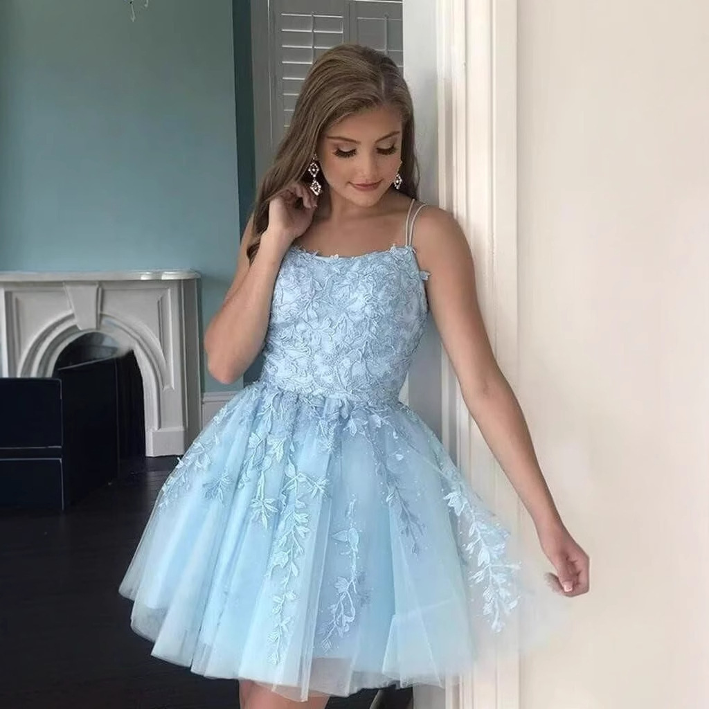 European and American Style Short Prom Dress 2026 New Lace Spaghetti Strap Party Evening Dress