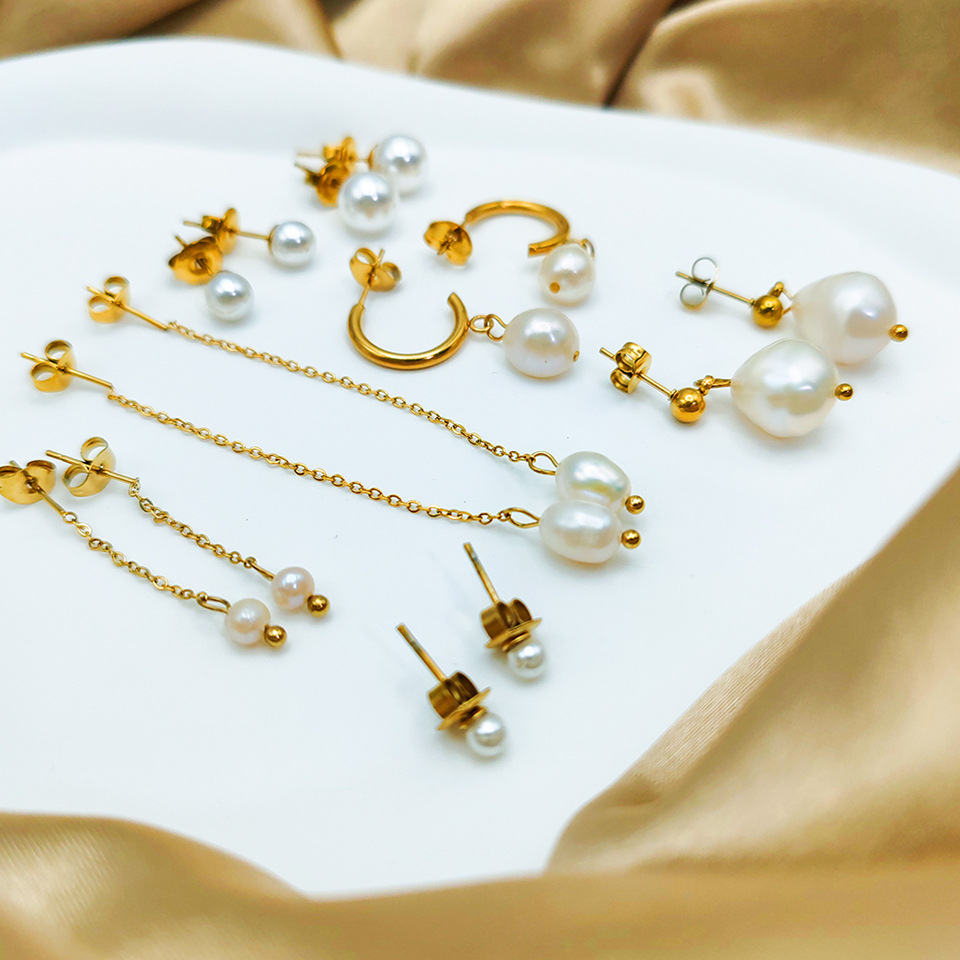 Geometric Pattern 1 Pair 14K Gold Plated Freshwater Pearl Titanium Steel Pearl Geometric Drop Earrings Ear Studs