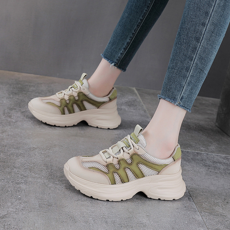 Giày sneaker nữ đế dày phong cách retro da bò — xanh lá cây