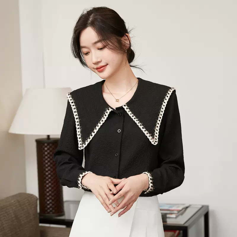 2024春装新款时尚雪纺衬衫女士高档提花小衫百搭减龄洋气黑色衬衫
