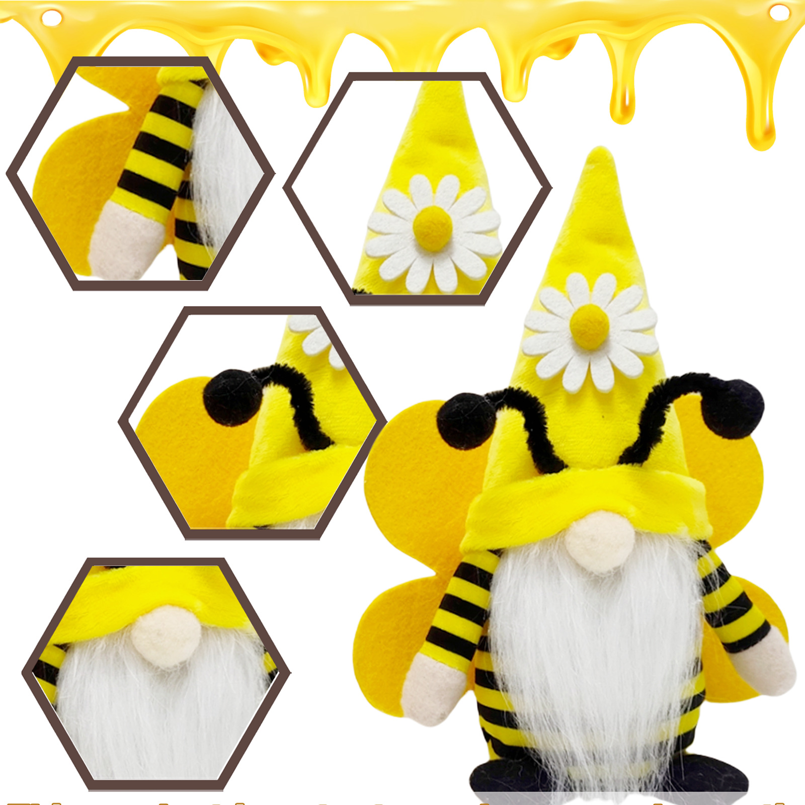 Nuevos productos transfronterizos Festival de la abeja de primavera y verano Muñeca sin rostro de punto de abeja enano Rudolph Muñeca de girasol Adornos