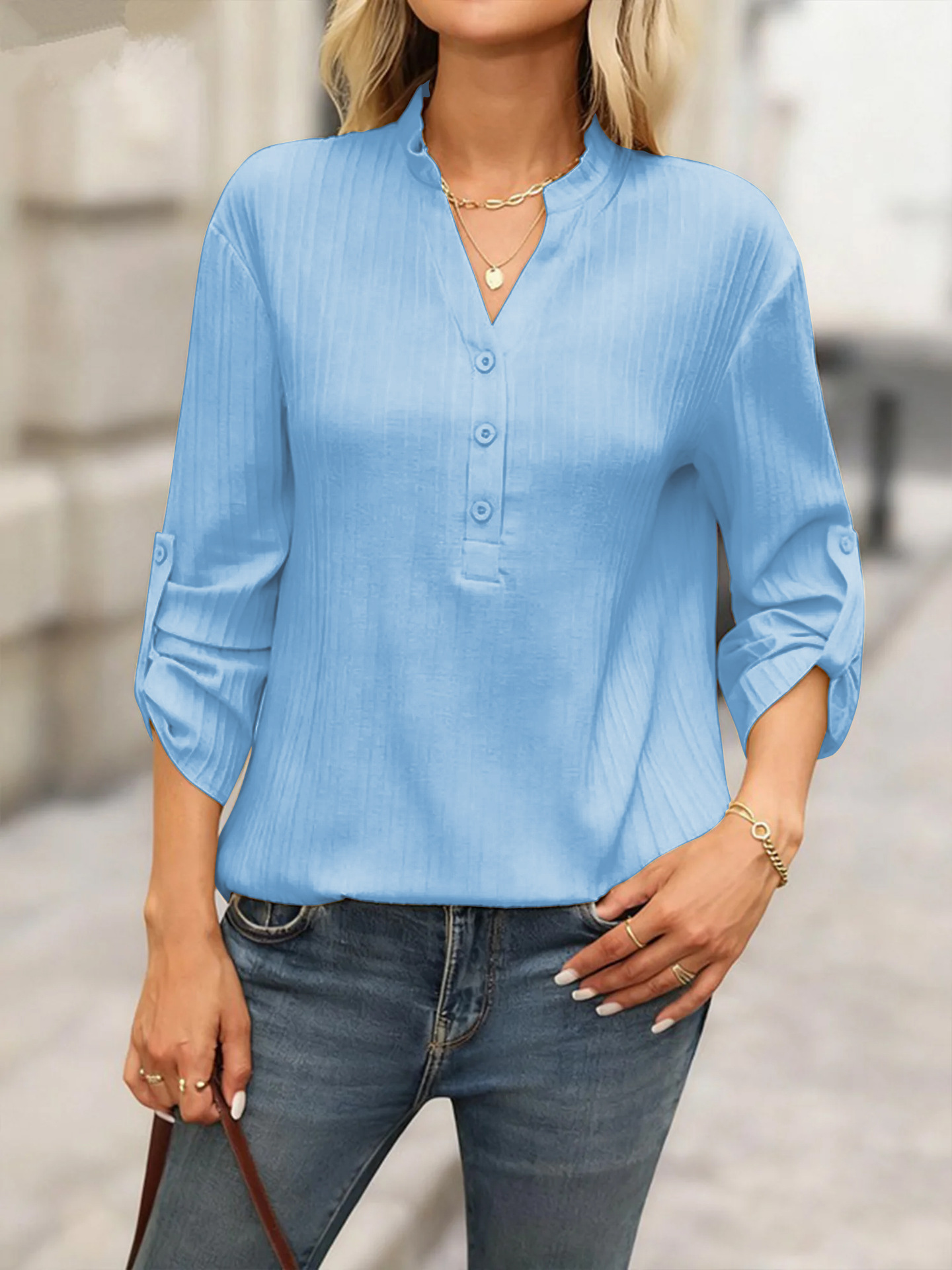 Amazon ventas europeas y estadounidenses de comercio exterior fronterizo ropa de mujer nueva camisa de botón de cuello en V medio cardigan de moda blusa versátil
