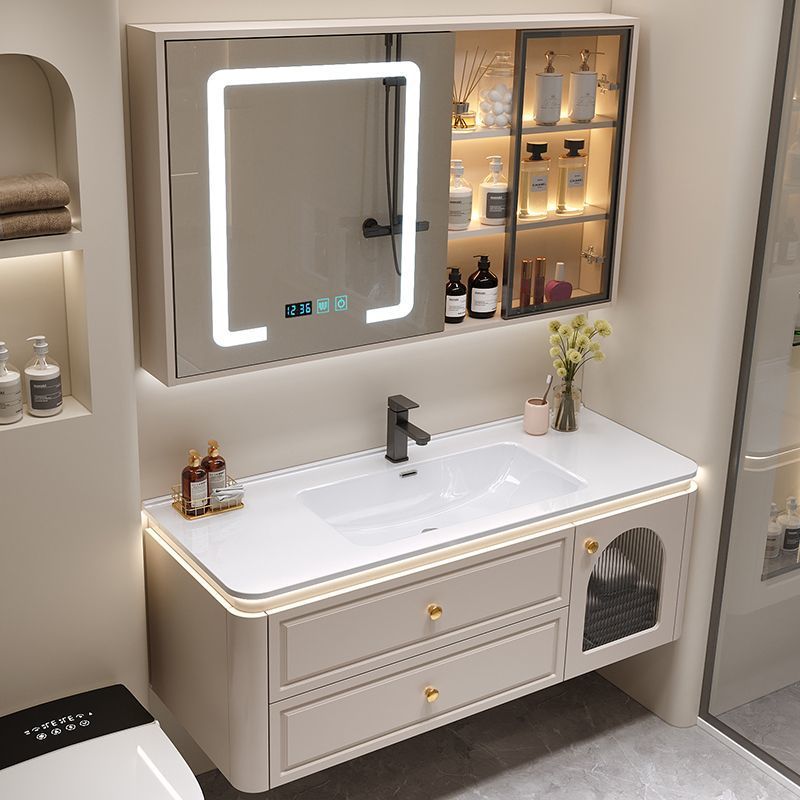 Solid Wood Bathroom Cabinet Ceramic Integrated Basin Wash Basin Cabinet Combination Modern Simple Wash Basin Bathroom Cream Bathroom Cabinet