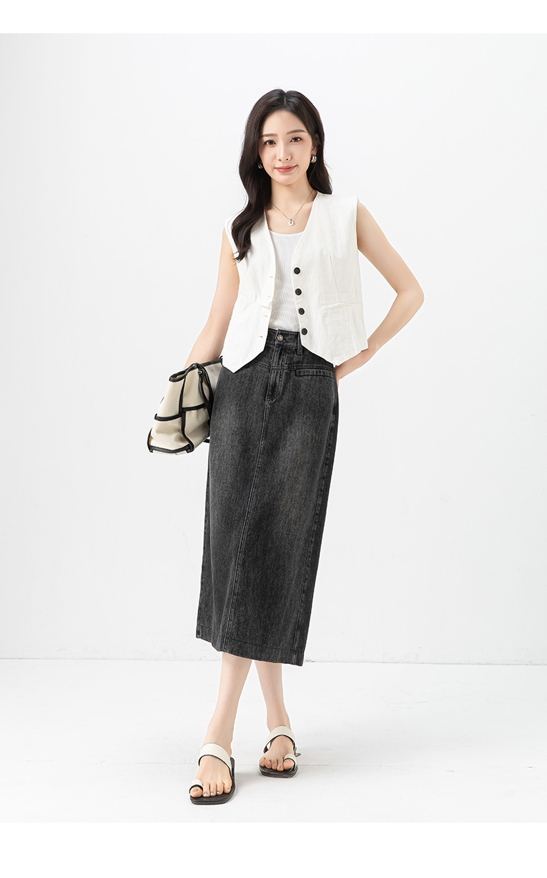 Váy denim Tencel nữ cạp cao chữ A dài vừa phải — đen chi tiết 25