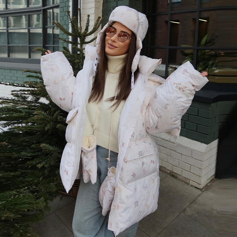 2025冬季速卖通爆款甜美可爱风花朵泡泡袖棉服外套女欧美女装新款