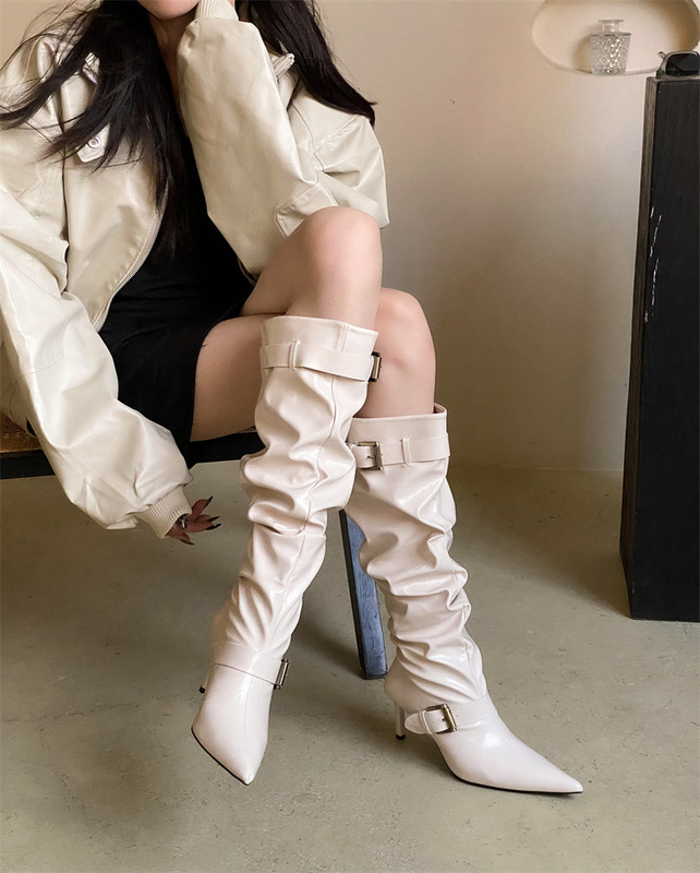 辣妹风欧美尖头白色堆堆靴高跟长筒靴女2025秋季皮带扣高跟长靴|undefined