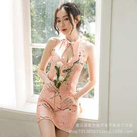 情趣开叉夜店制服性感诱惑古典裸背立领印花旗袍内衣套装性感睡衣