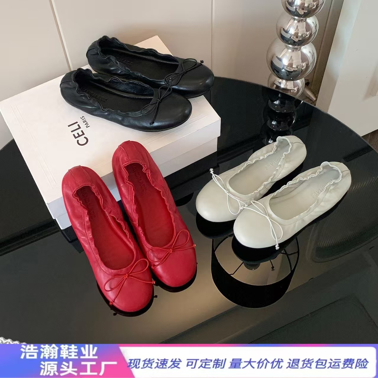 头层软皮宅女同款摇摇鞋蝴蝶结红色单鞋女2026春新款芭蕾鞋蛋卷鞋