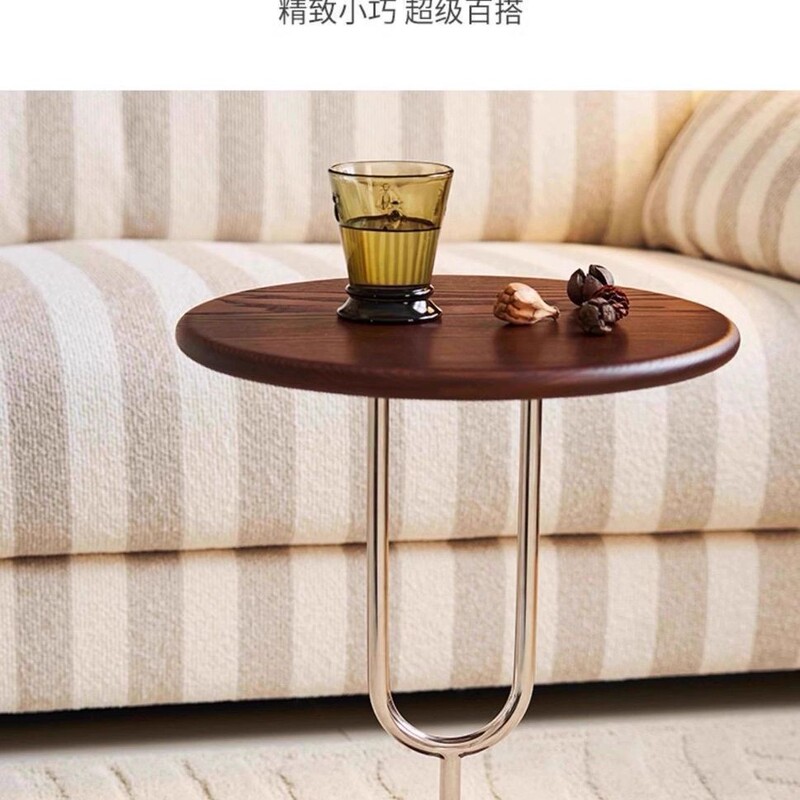 中古风环保E0级实木边几床头柜创意圆桌实木不锈钢搭配置物小茶几|undefined