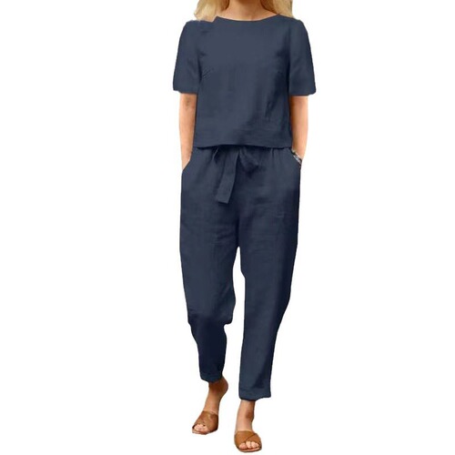 Women's Summer Cotton Linen Matching Set: Half-Sleeve O-Neck Oversized Blouse and Wide-Leg Pants Retro Two-Piece Set