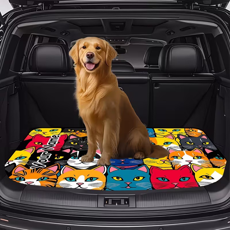 Cross-Border Square Rubber Floor Mat for Car Trunk with Cartoon Cat, Dog, and Mushroom Designs, Foldable, Machine Washable, Printed