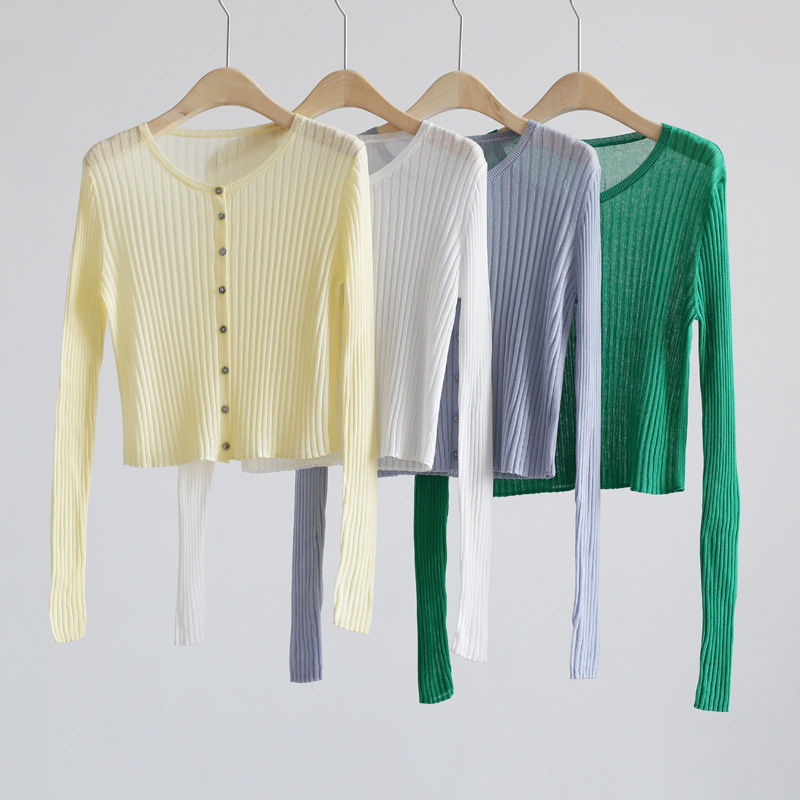 Spring and Summer New Products Lightweight Round Neck Tencel Knit Solid Color Cardigan Short Thin Coat Long Sleeve Air-conditioning Shirt Sunscreen Shirt