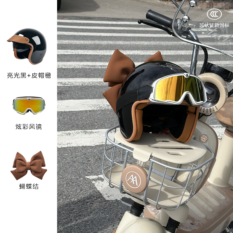 Motosiklet kaskı (dəbilqə) – Motuoche Helmet Men Women Winter - gloss-black-colorful-goggles-brown-bow-m