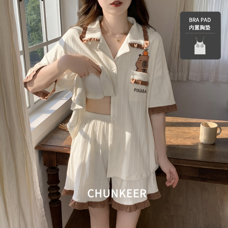 Lapel Pad Pajamas Women's Summer Short-sleeved Shorts Outwear Casual Cross-border Cute Home Clothes suit Plus Size