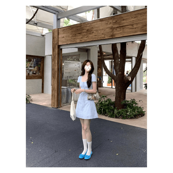柔蓝一水韩系高智感法式蕾丝拼接假两件气质收腰连衣裙|undefined