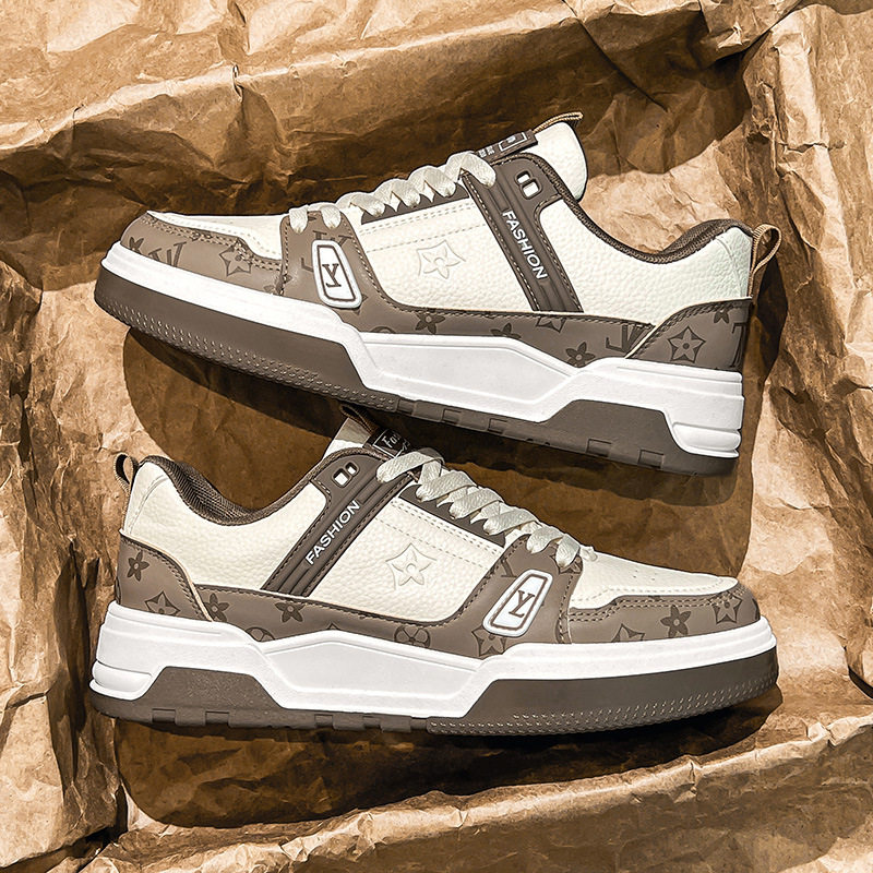 Giày sneaker nam da nhân tạo phối màu, đế bằng gót thấp 1–3 cm, dây buộc — Màu trắng màu cachi, Xanh trắng, Đen trắng