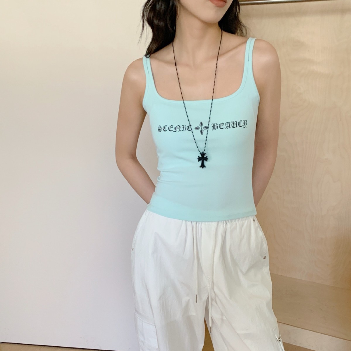 American Hot Girl Dopamine Letter Print Slim Fit Inner Wear Double Shoulder Straps with Chest Pad Camisole for Women