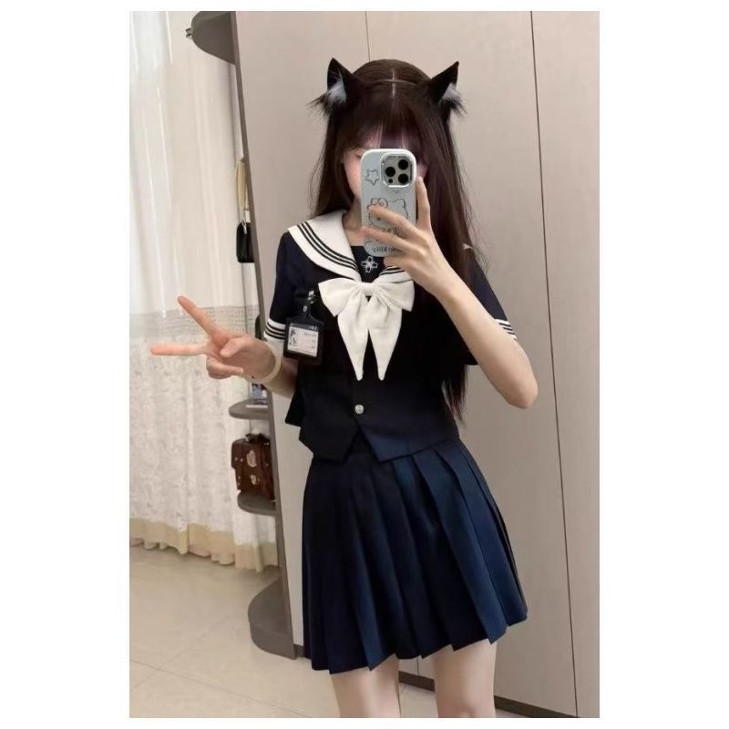 2026 New Model [Xiaoshi Xia] Sailor Uniform Long and Short Sleeve Shirt, Academy Style Long and Short Sleeve Navy Blue Jk Skirt Set Uniform