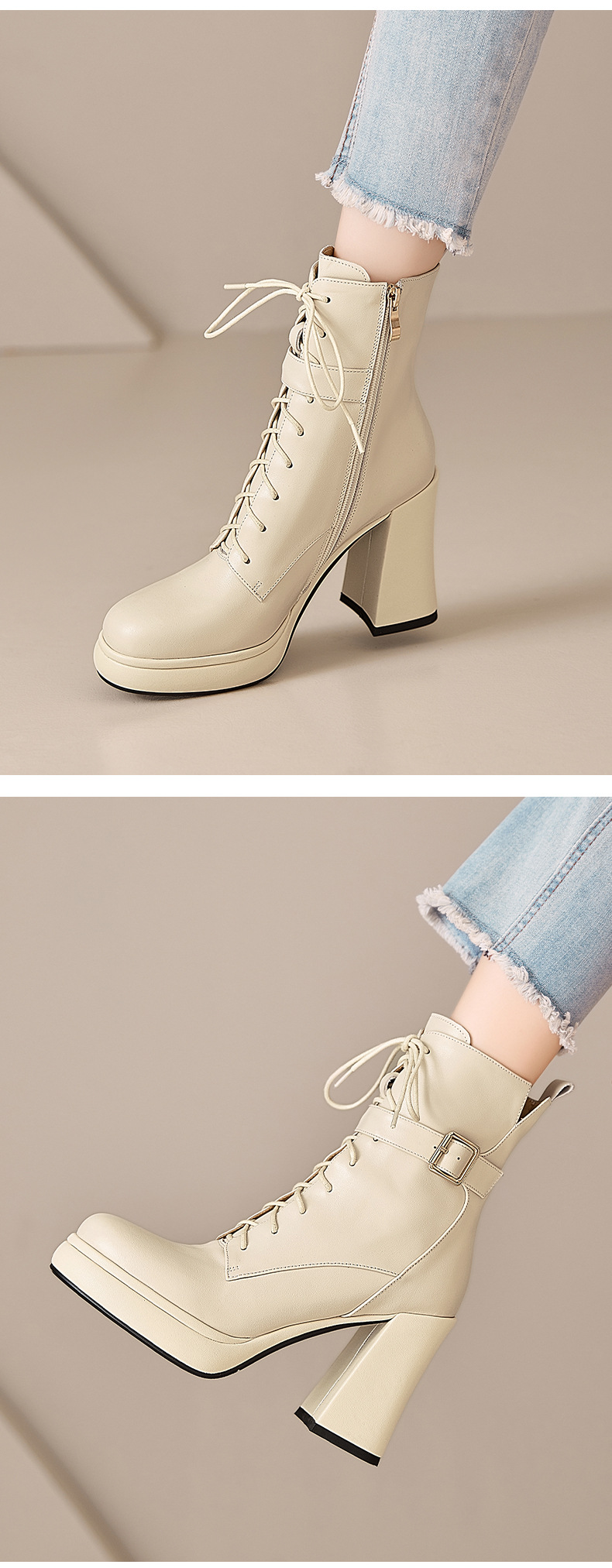 Giày boot nữ da thật cổ ngắn dây buộc gót vuông 10 cm đế dày mùa thu đông — màu đen, Màu trắng nhạt chi tiết 9