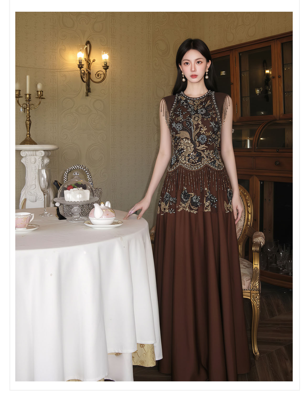 Đầm maxi nữ thắt eo phong cách Tân Trung Hoa, cổ tròn, đính cườm thêu ren, thiết kế vintage — Màu cà phê chi tiết 11