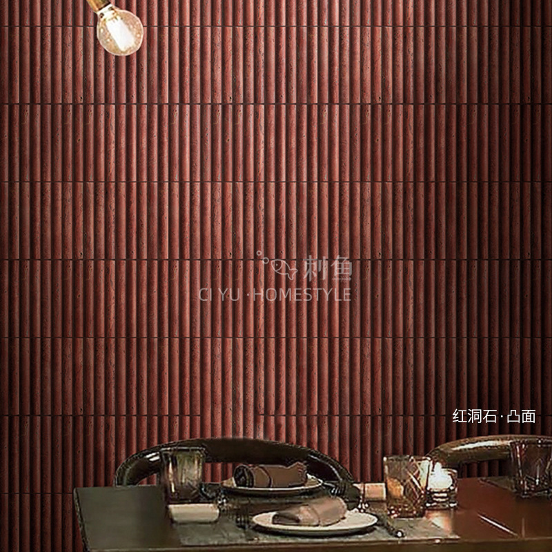 Natural Lime Stone Red and White Travertine Mosaic Concave and Convex Crescent Round Stick Background Wall Tiles Restaurant Coffee Shop Bar