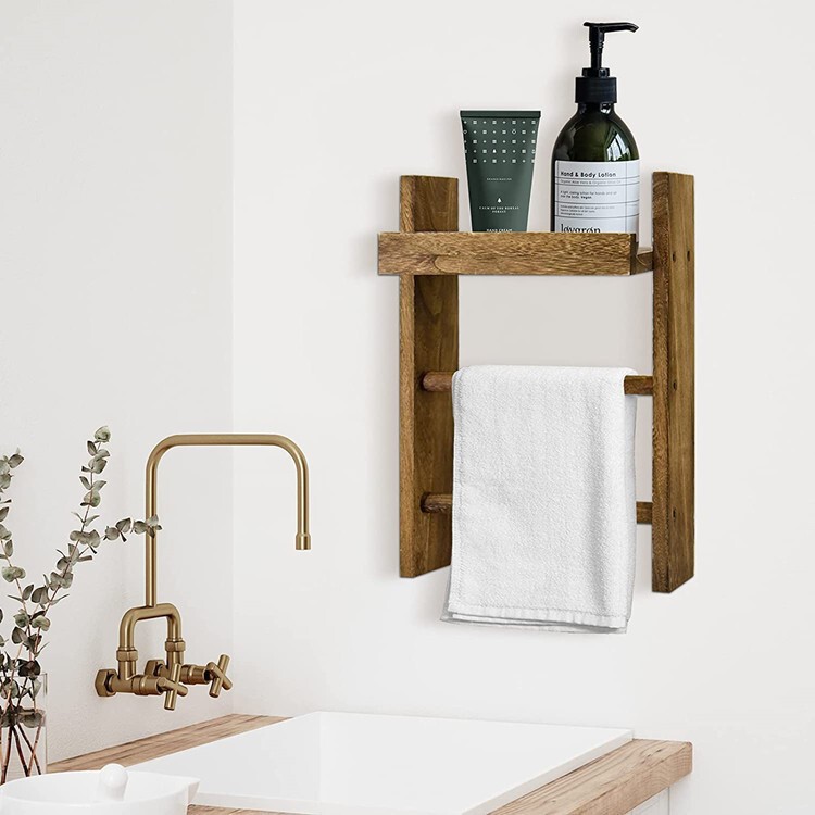Wooden Towel Rack Wall Mounted Toilet Organizer Storage Rack Farmhouse Bathroom Decorative Shelf Storage Organization Towel Holder