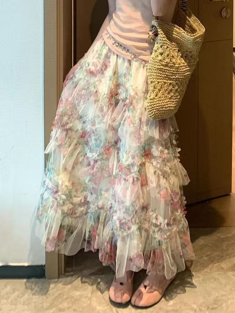 温柔碎花网纱仙女半身裙春款高腰法式大摆长裙蓬蓬a字蛋糕裙批发