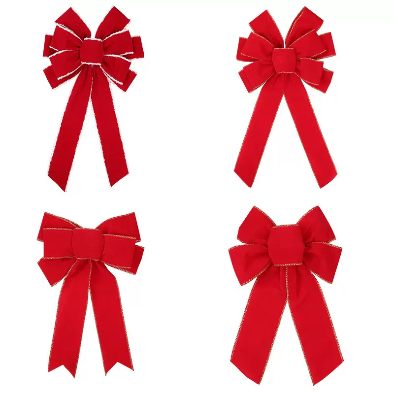 新款手工圣诞红色植绒多耳蝴蝶结酒红绒布圣诞装饰品圣诞树蝴蝶结