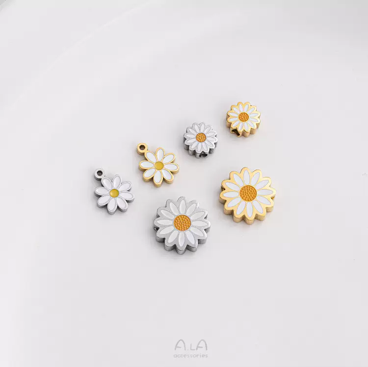 钛钢真空镀14K真金保色滴油小雏菊吊坠粉色小花隔珠diy饰品配件