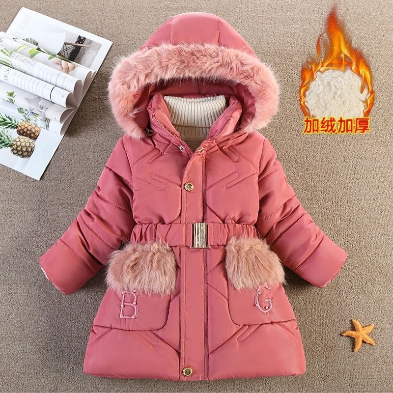 Girls' cotton padded clothes children's clothes winter 2022 new Korean version thickened large wool collar middle and large children's middle and long cotton padded jacket