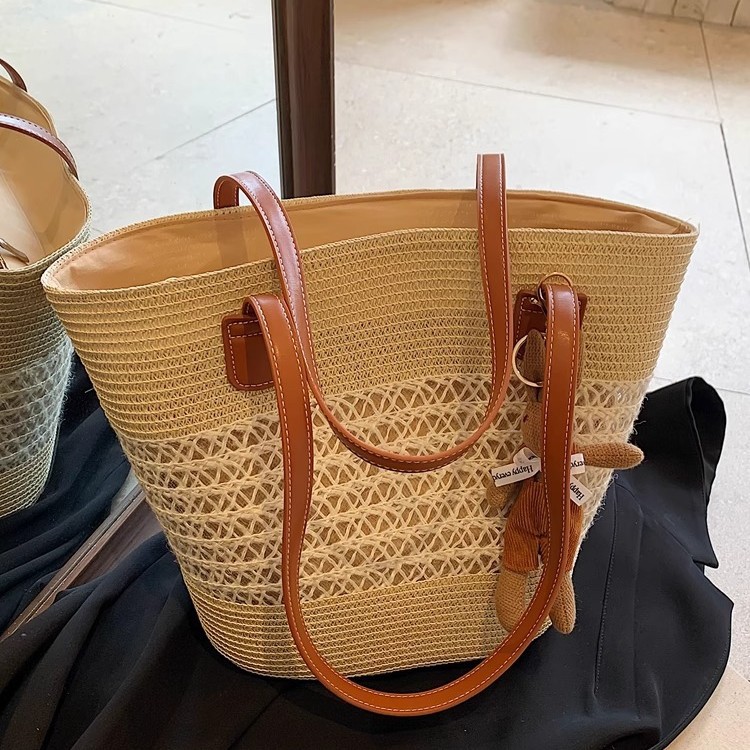 Summer Trendy Vacation Style Woven Straw Basket Bag For Women - Fashionable Versatile Shoulder Bucket Bag For Beach & Commuting - Thumbnail 3