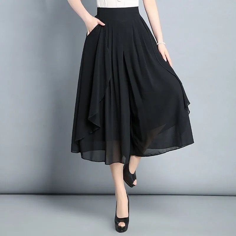Chiffon Culottes Breathable Thin Summer and Autumn Wide-Leg Pants Cropped Pants Plus Size Korean Style High-Waisted Loose Casual Pants for Women Fenghong