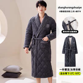 跨境外贸台湾冬季牛奶绒夹棉男士长袖翻领睡袍加厚保暖休闲男现货