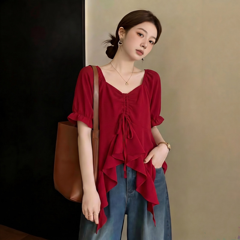 Plus-Size Shirt with Ruffled Edges and Irregular Design That Covers the Belly, Loose and Slimming, Unique Top for Women in Summer