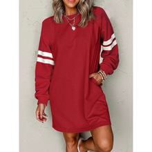 2025秋冬新款条纹拼色落肩套头衫女欧美休闲宽松百搭圆领卫衣连衣