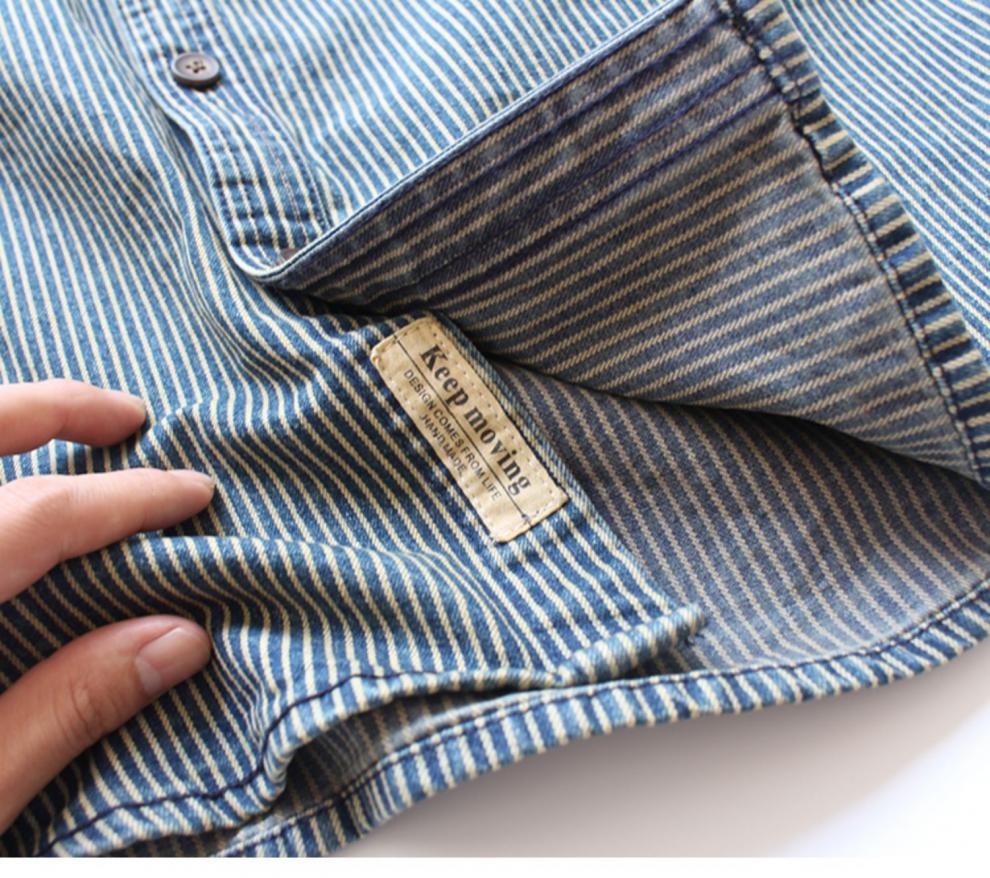 Vintage-Jeanshemd für Herren – Schweres, gestreiftes Langarm-Freizeithemd mit zwei Taschen, lockerer Passform, Polyester-Mischgewebe_voghion.com