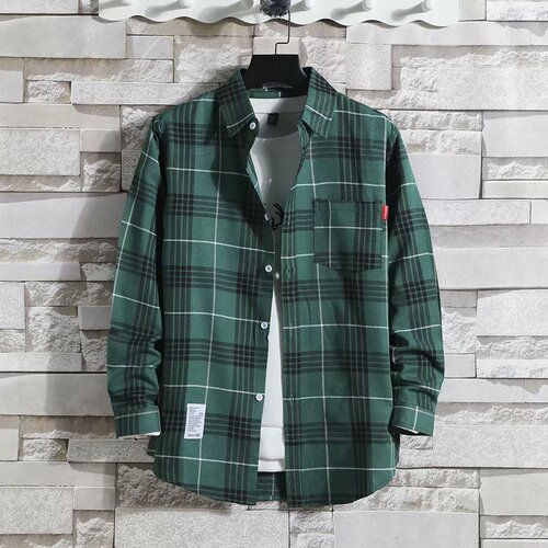 Spring and Autumn Style Hong Kong Style Ins Grid Shirt for Men, Long Sleeve Korean Version Fashion Trendy Thin Casual Wear Versatile Collarless Jacket