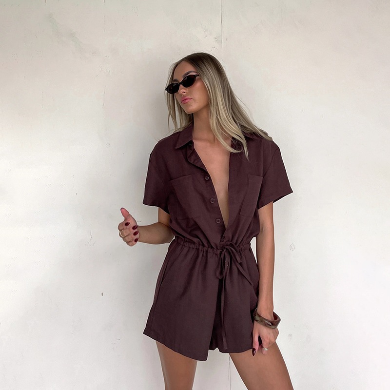 YJ25039 camisa de cuello de cintura de color sólido, pantalones cortos de manga corta, mujeres 2025 Europa y América nueva camisa casual transfronteriza