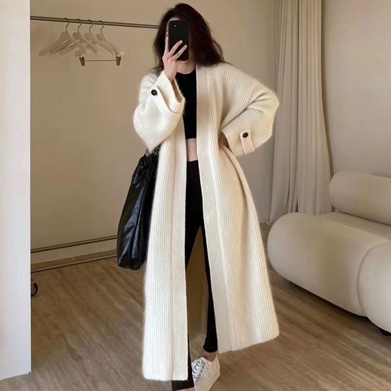 Korean High-End Long Sweater Jacket Autumn and Winter Lazy Style Knee-Length Mid-Length Knitted Cardigan Loose Top Trendy Korean High-End Long Sweater Jacket Autumn and Winter Lazy Style Knee-Length Mid-Length Knitted Cardigan Loose Top Trendy