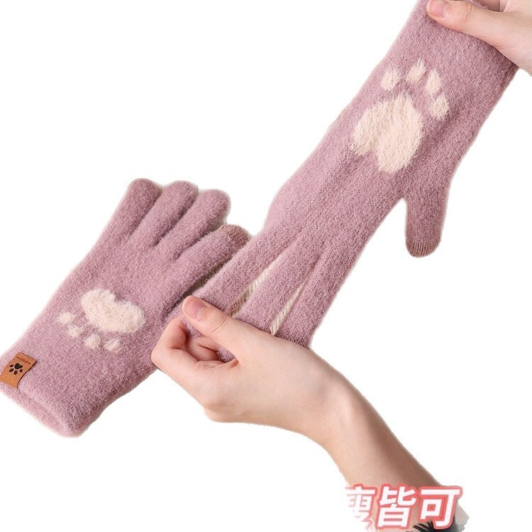 熊爪保暖手套女秋冬季触屏骑行可爱冬天骑车学生五指加绒保暖针织|undefined