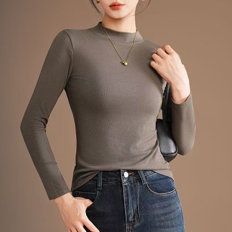 Women's half-high collar base shirt for spring and autumn, 2026 new solid color knitted mid-collar stand-up collar long-sleeve t-shirt top