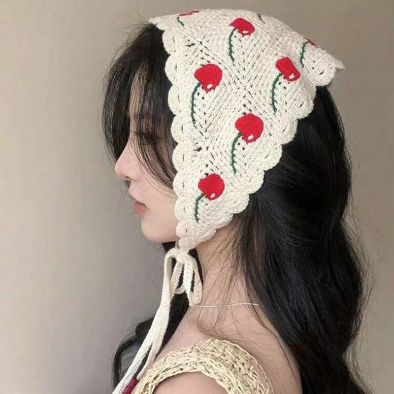 French-Style Cherry Triangle Scarf for Women, Spring and Autumn Outing, Parent-Child Knitted Crochet Hollow Artistic Headscarf, Hairband, Turban Hat