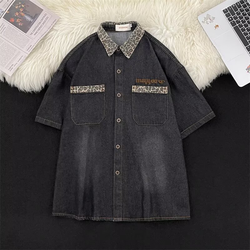 Retro Washed Denim Shirt Short-Sleeved Men's and Women's American Loose Design Leopard Print Splicing Shirt with Three-Quarter Sleeves for Outer Wear Retro Washed Denim Shirt Short-Sleeved Men's and Women's American Loose Design Leopard Print Splicing Shirt with Three-Quarter Sleeves for Outer Wear