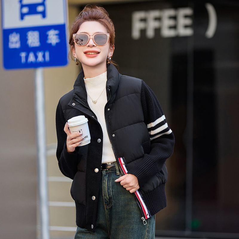 高级感立领棉服女2025冬季新款设计感拼接针织加厚短款外套米白色|undefined