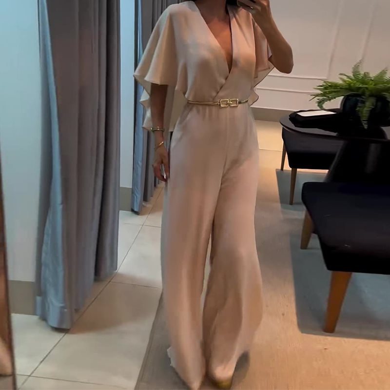 Autumn 2024 New European and American Amazon Explosions V-neck Bat Sleeve Solid Color High Waist Slim-fit Wide Leg Pants for Women