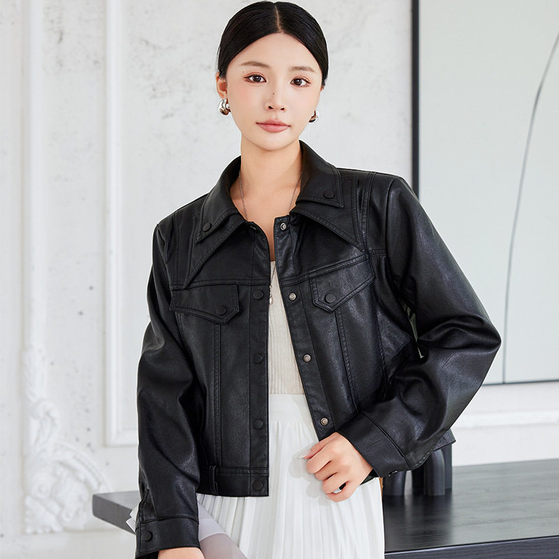 Áo khoác da nữ dáng ngắn phong cách biker, tay dài cổ lật, chất liệu PU — Trang chủ, đen chi tiết 4
