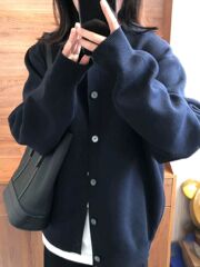 国潮搭藏青色针织衫开衫女春秋宽松慵懒风别致休闲百搭外套上衣潮