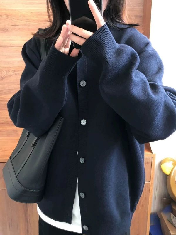 国潮搭藏青色针织衫开衫女春秋宽松慵懒风别致休闲百搭外套上衣潮|undefined